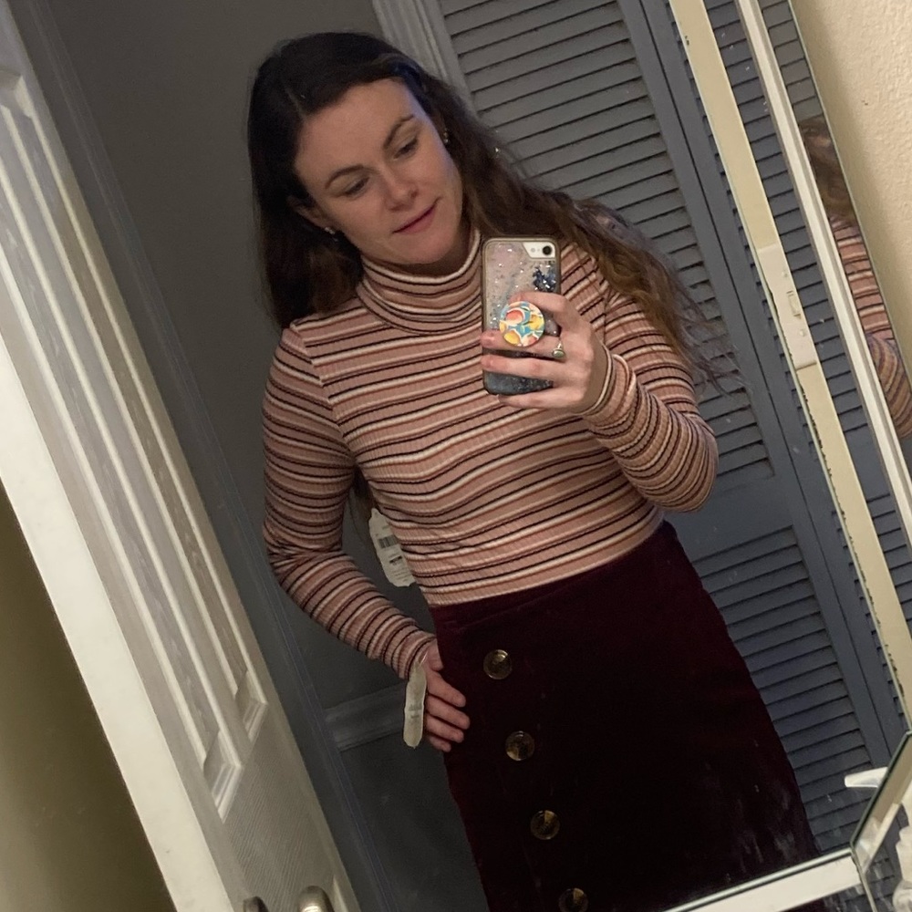 Cute Altar’d State Maroon Corduroy Skirt Outfit